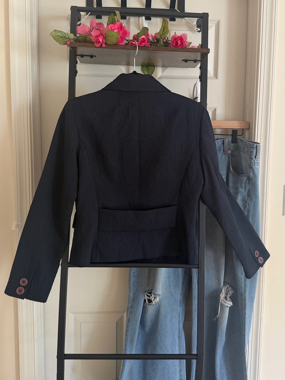 Talbots Navy Blue Cropped Structured Blazer with Burgundy Buttons - Picture 10 of 16